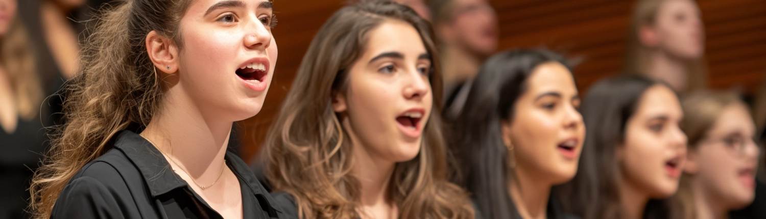 Mädchenchor Langgestrecktes Bild. Über die gesamte Breite der Website hinweg. Zu sehen sind Mädchen die gemeinsam singen