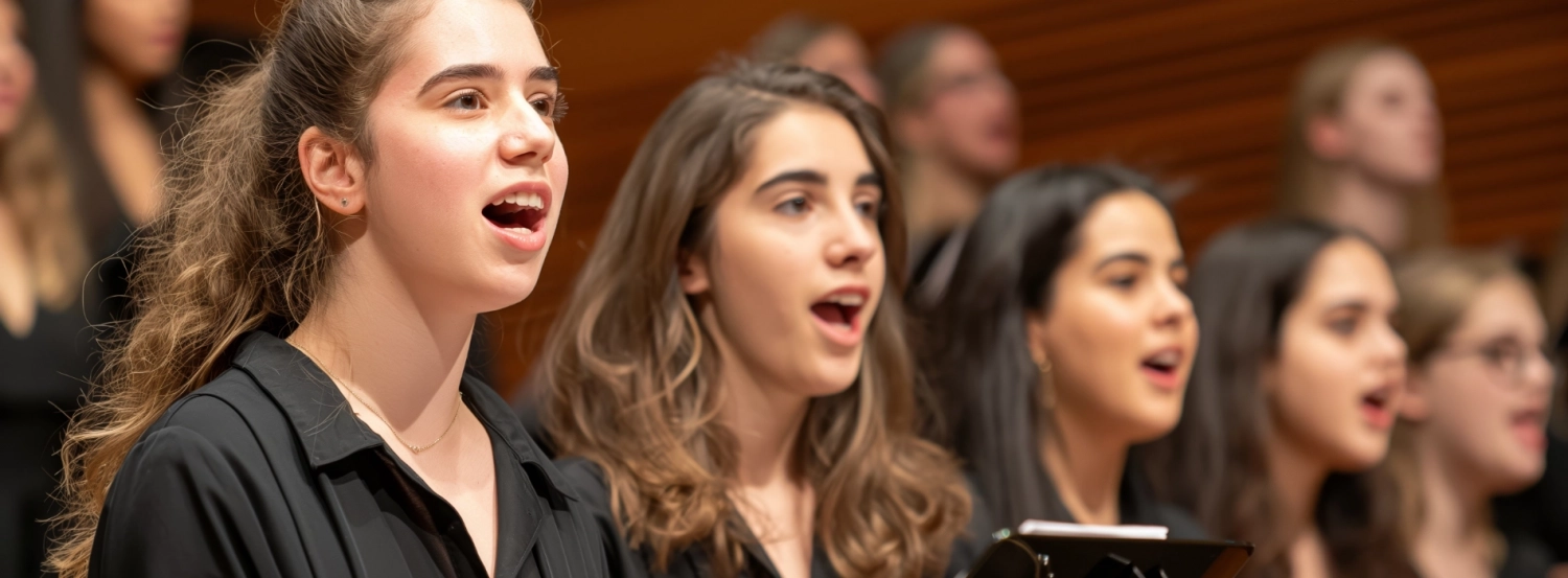 Langgestrecktes Bild. Über die gesamte Breite der Website hinweg. Zu sehen sind Mädchen die gemeinsam singen