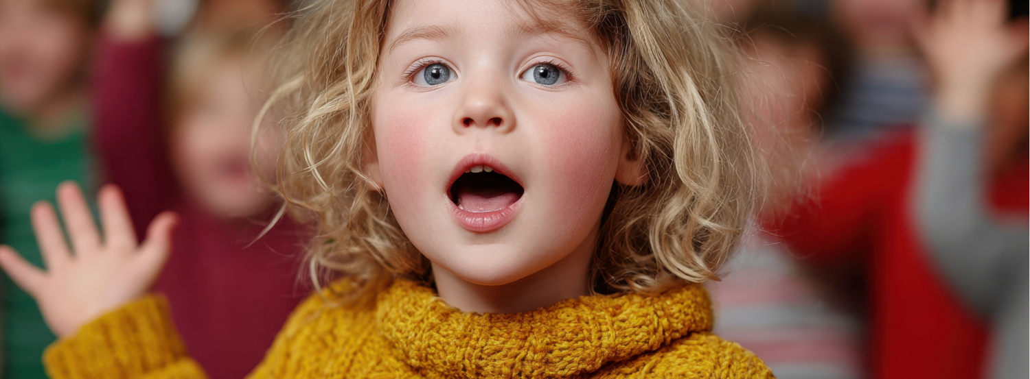 Mädchen singt in der Musikalischen Früherziehung Im Vordergrund steht ein Mädchen das singt. Im Hintergrund stehen weitere musizierende Kinder