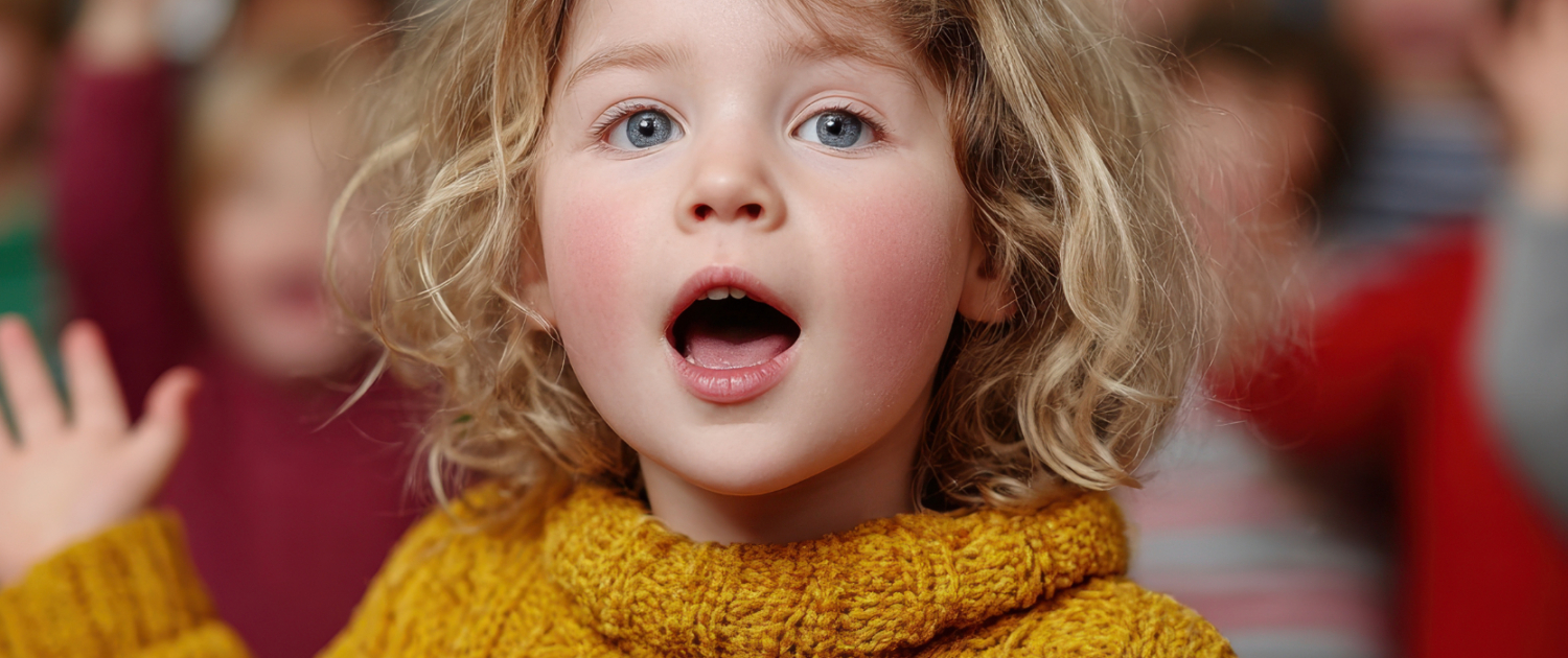 Mädchen singt in der Musikalischen Früherziehung Im Vordergrund steht ein Mädchen das singt. Im Hintergrund stehen weitere musizierende Kinder