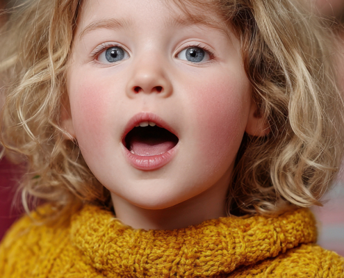 Im Vordergrund steht ein Mädchen das singt. Im Hintergrund stehen weitere musizierende Kinder