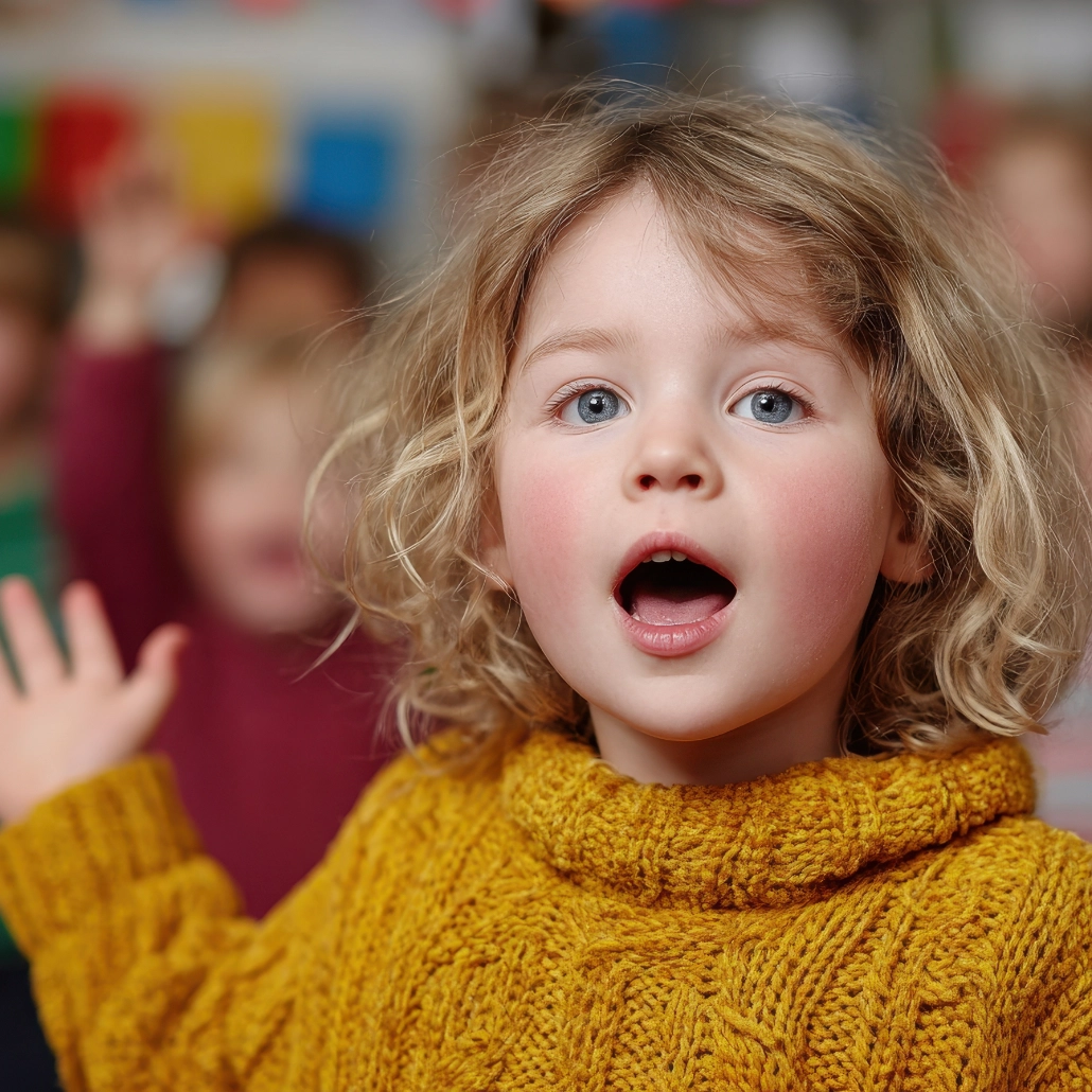 Musikalische Früherziehung in der Chorakademie Freiburg Ein Mädchen im gelben Pullover singt mit weit geöffnetem Mund. Im Hintergrund stehen weitere Kinder, die um die 4 Jahre alt sind